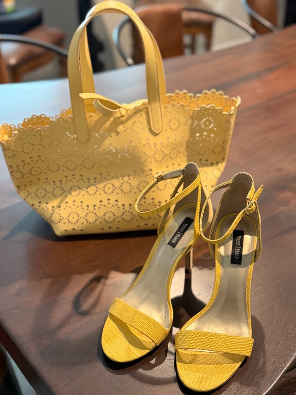 White House Black Market Butter Yellow Strappy High Heels and Laser-cut Tote